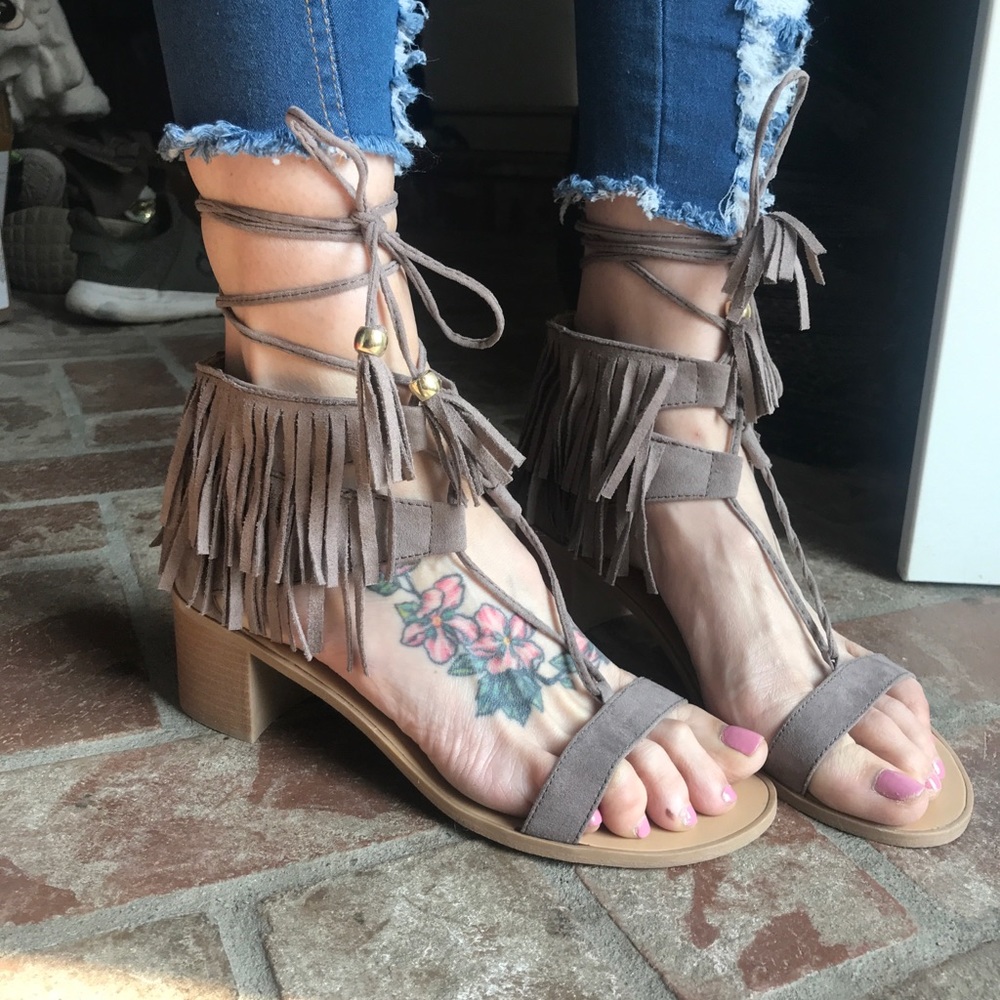 Boho Fringe Wrap Around Heels in Taupe